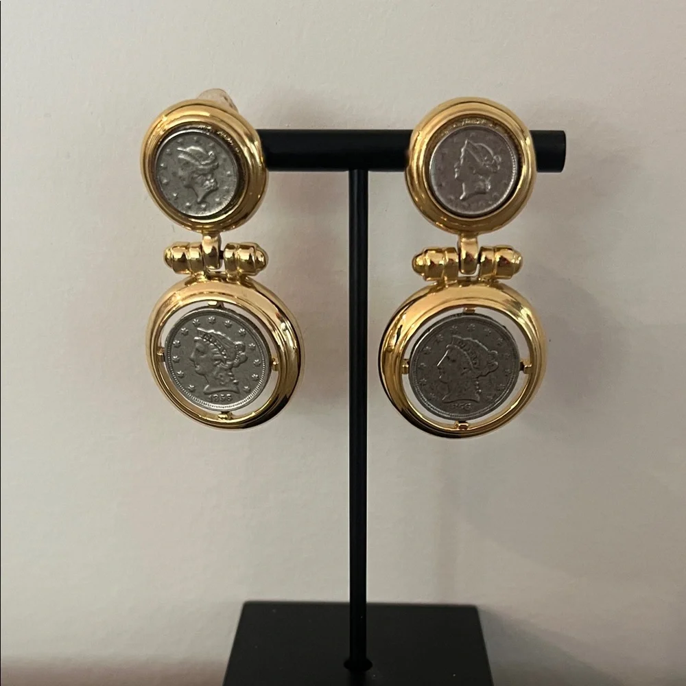 Vintage Gold-Tone Coin Drop Earrings in Substantial Gold and Silver
